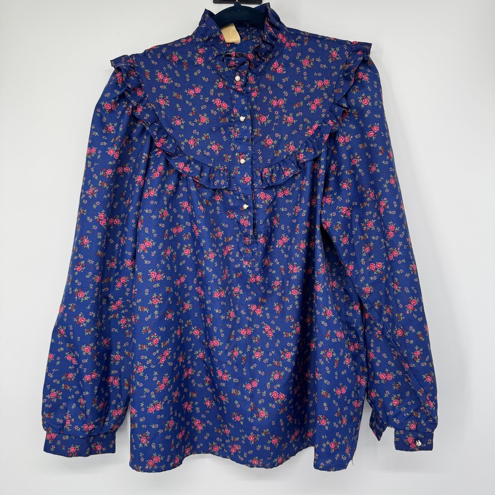 Vintage 70s Eber San Francisco Floral Ruffle Blouse M Blue Cottagecore Prairie